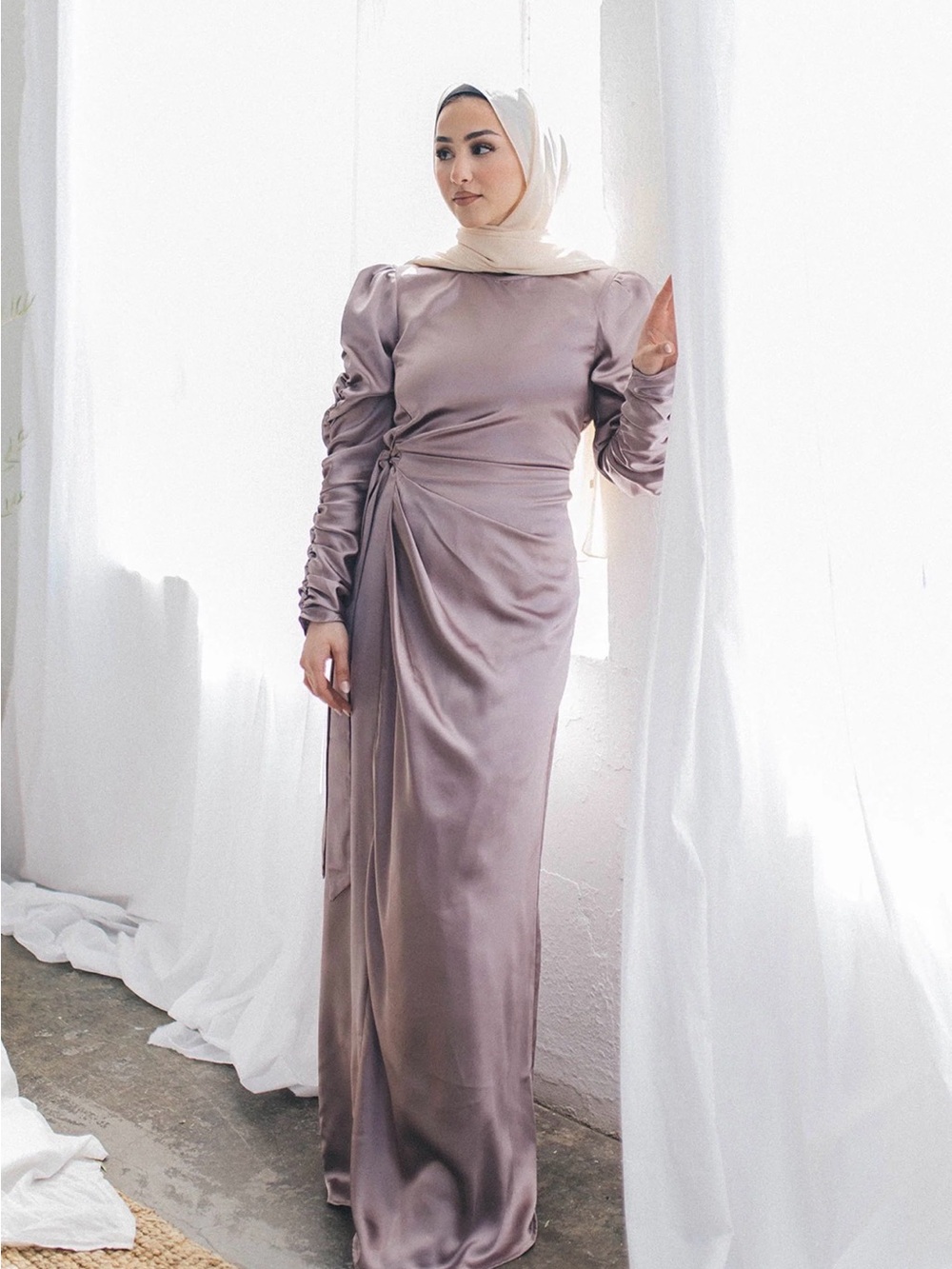 Satin Draped Maxi Dress in Mauve with Puff Shoulders